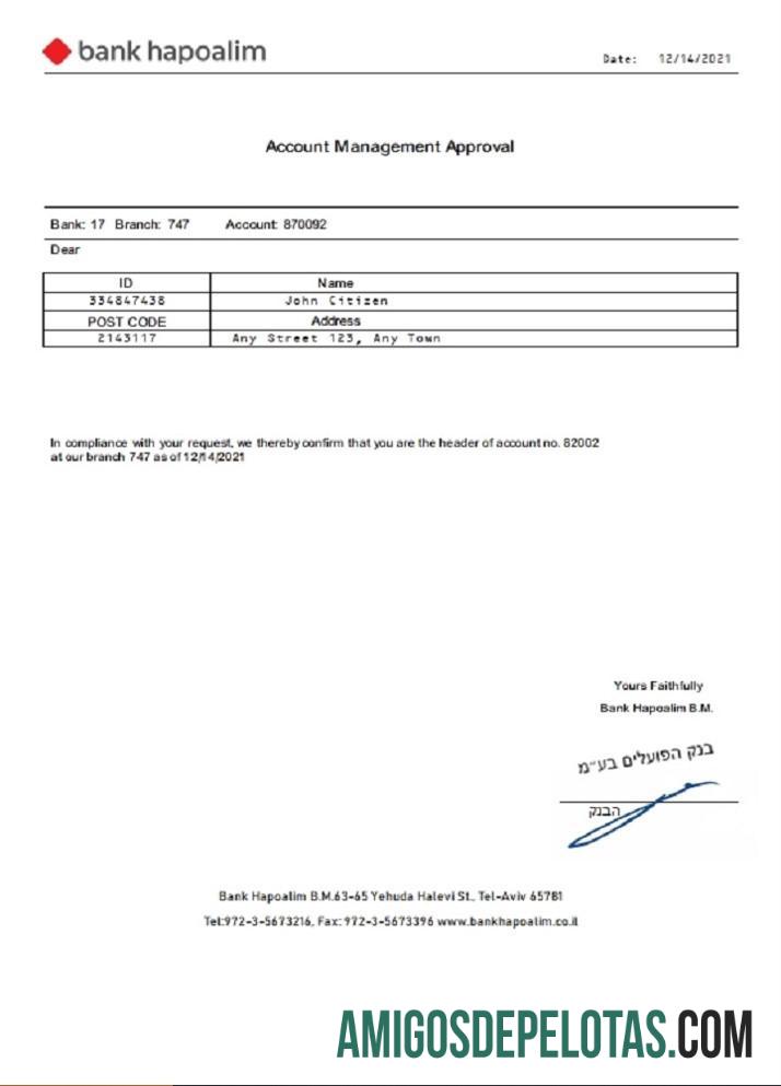 Aprovação de gerenciamento de conta do Israel Bank Hapoalim modelo